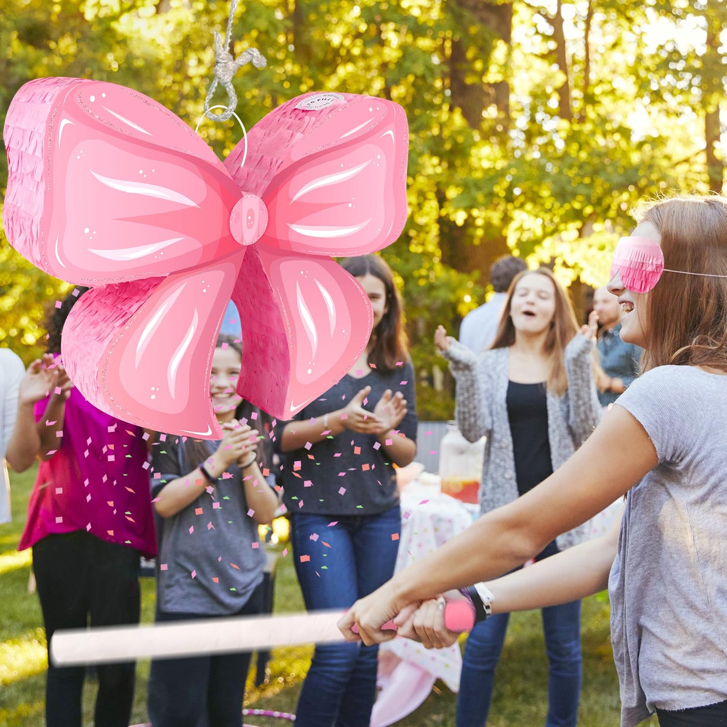 Hooqict Pink Bow Pinata with Blindfold and Bat Stick Pink Girls Pinata