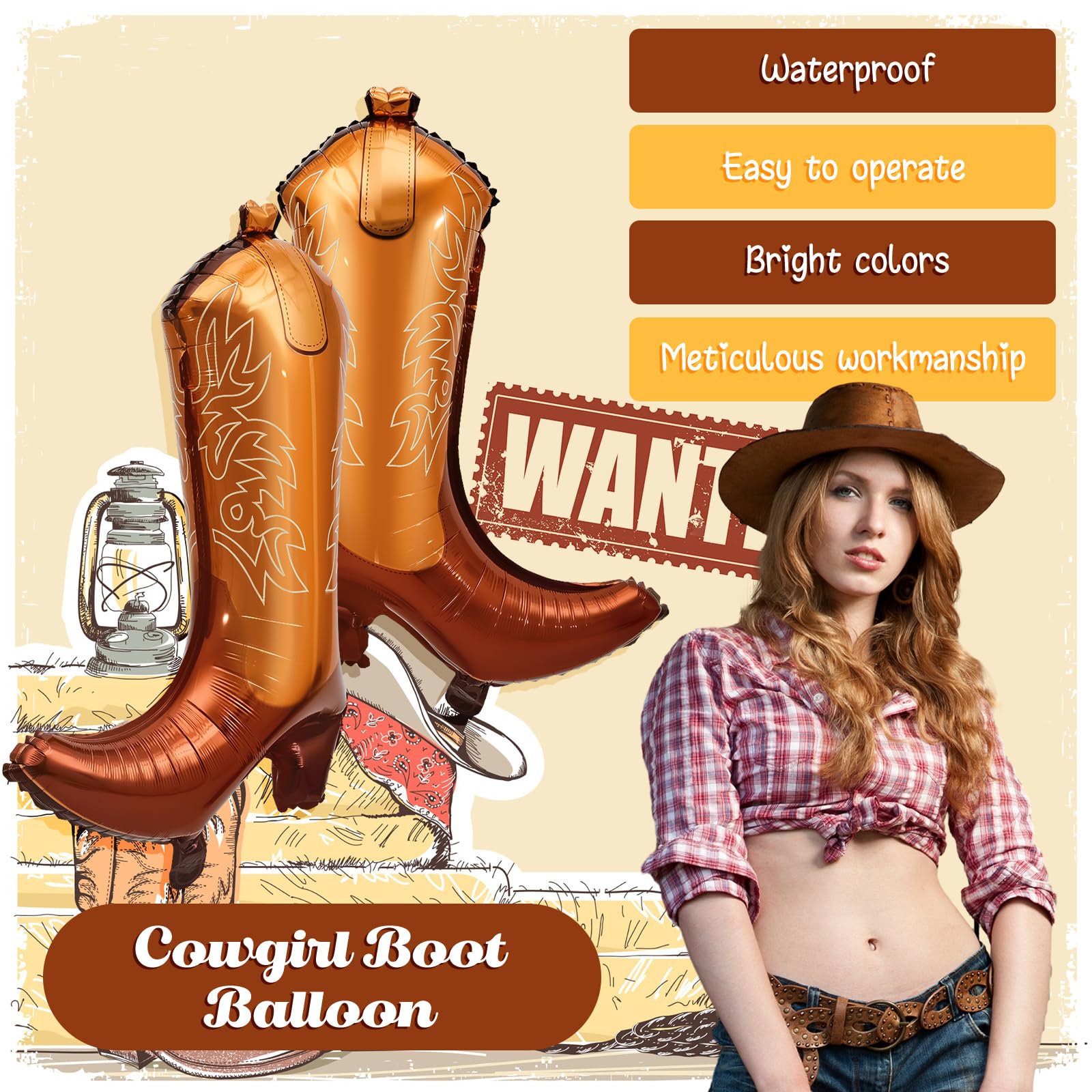 Wettarn 6 Pcs Cowboy Boot Balloons Bulk 25.6 Inch Large Cowgirl Rodeo