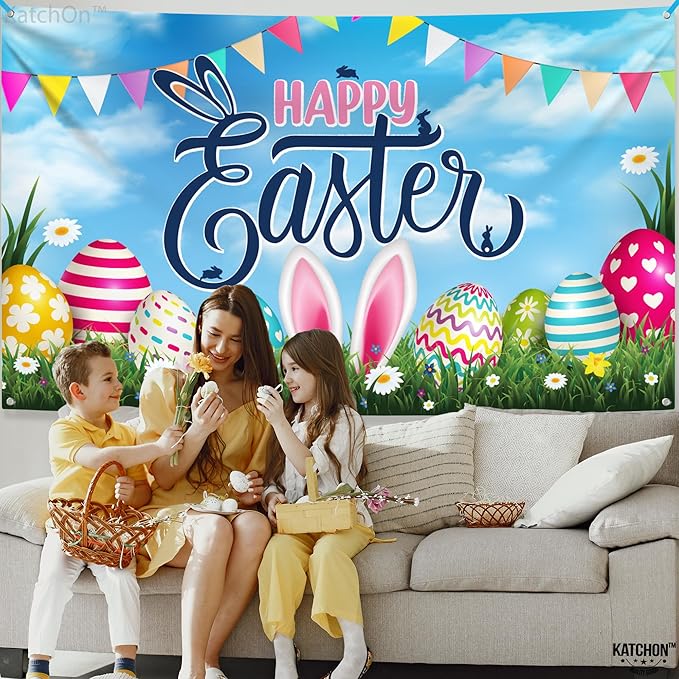 Large Happy Easter Banner 72x44 Inch Colorful Easter Eggs & Bunny