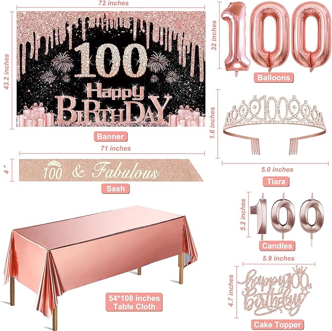 100th Birthday Decorations for Women with Banner Rose Gold