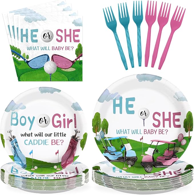 Grencian 96Pcs Golf Gender Reveal Party Supplies He She Theme Plates