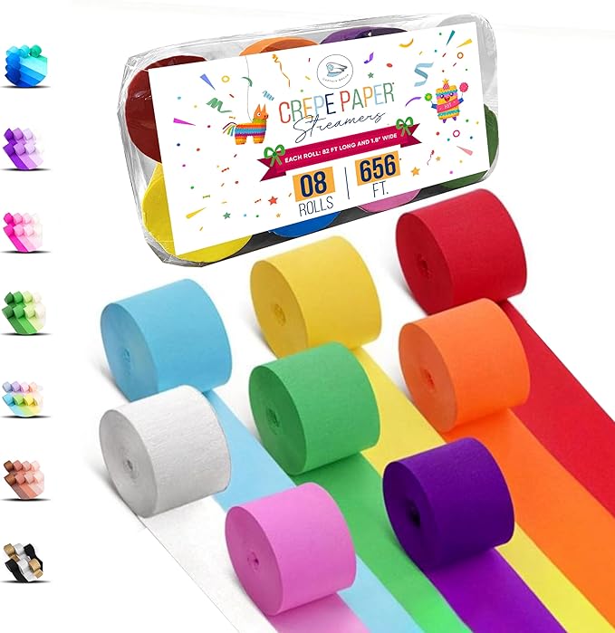 8 Crepe Paper Streamers Rolls, 656ft Pack of Unique 8 Rainbow