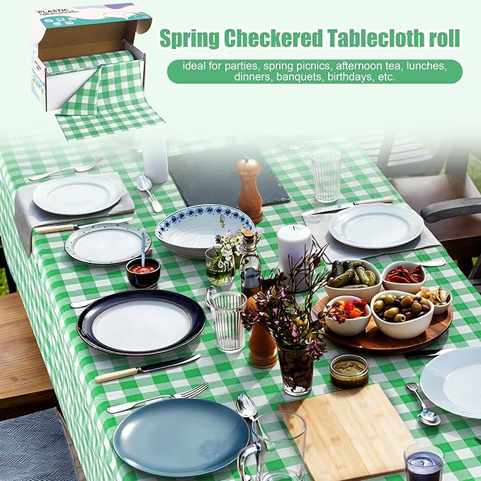 Kochorie 54 Inch x 300 Ft Light Green Checkered Plastic Table Cloth