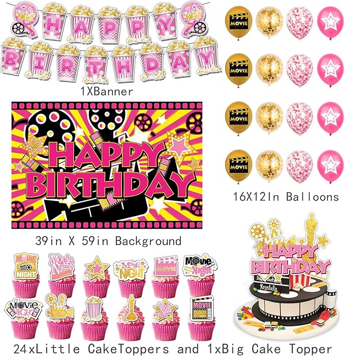 43Pcs Pink Movie Night Party Decoration Including Cupcake Toppers