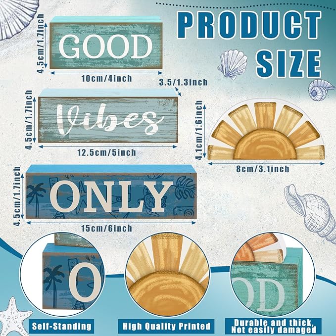 4 Pcs Beach Themed Table Decor Good Vibes Only Wood Block Sign
