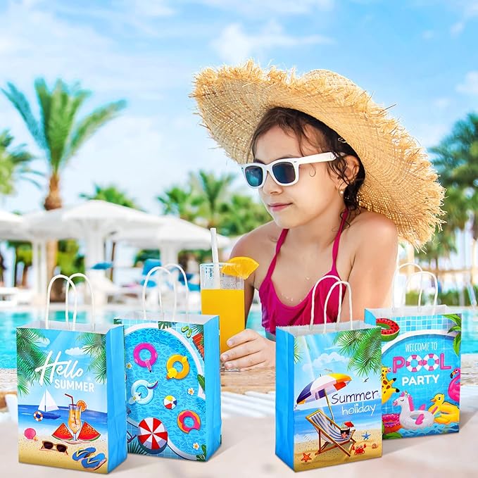 24 Pieces Summer Pool Party Favors Bags Beach Gift Goodie Paper Bags