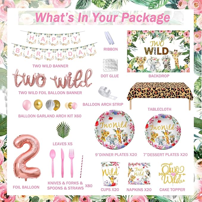 231 PCs Two Wild Birthday Decorations Girl Hombae Jungle Safari