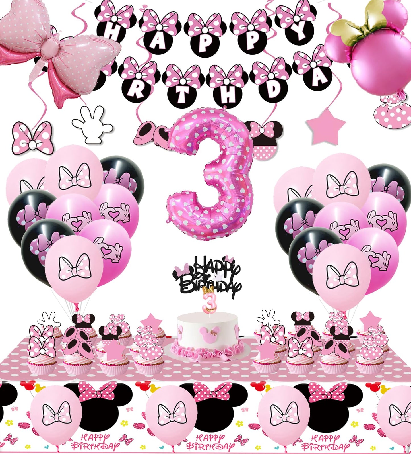Pink Mouse 3rd Birthday Party Supplies, Three Years Old Girl Bow Party