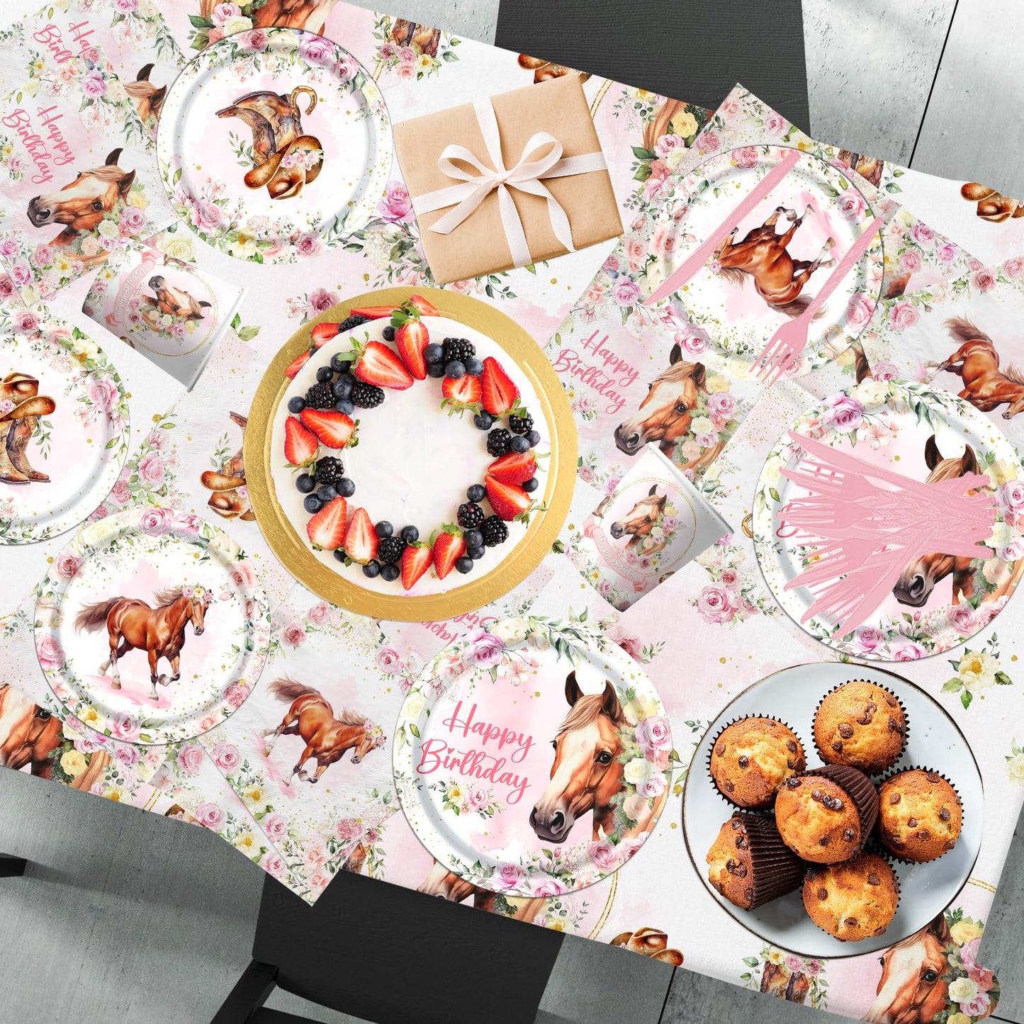 Horse Birthday Decorations Tableware,171PCS Cowgirl Floral Themed
