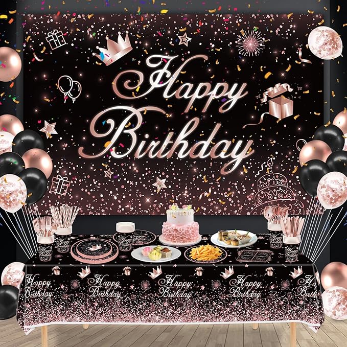 211 PCS Black and Rose Gold Party Decoration Rose Gold & Black Party