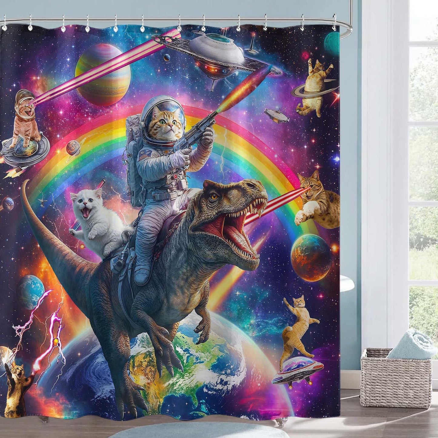 84 Inch Extra Long Funny Cat Dinosaur Shower Curtain Fun Cool Colorful