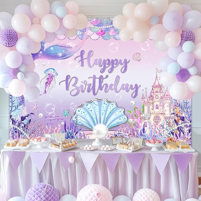 Mermaid Birthday Banner Under The Sea Backdrop for Girls Party