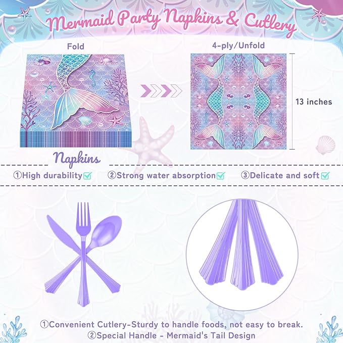 Purple Mermaid Party Tableware Supplies 168PCS Mermaid Plates