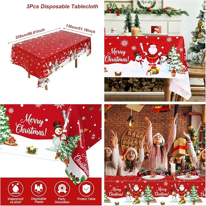 3PCS Christmas Tablecloth Red Rectangular Plastic Christmas