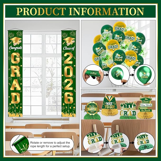 Graduation Decorations 2026 Green and Gold Graduation Party Decor Set