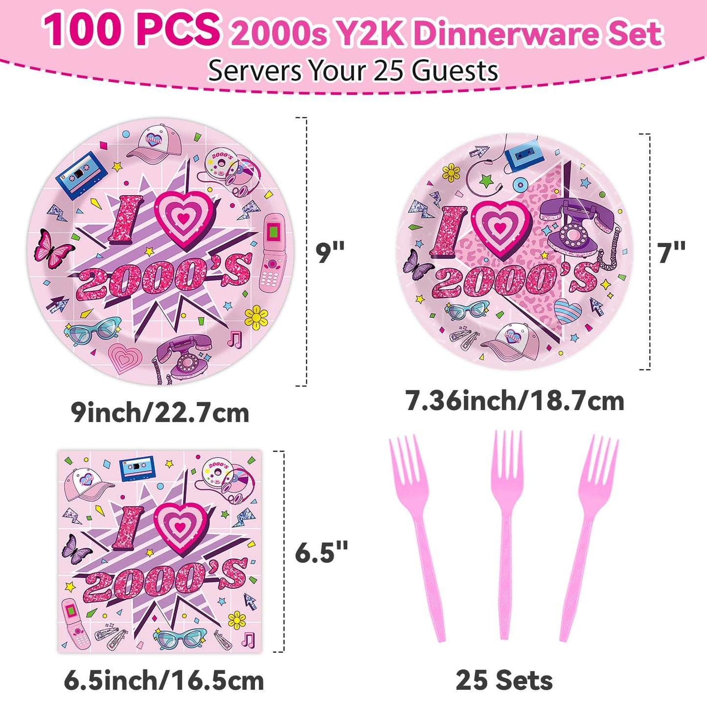 Qyeahkj 100Pcs 2000s Y2K Pink Decorations Party Supplies 90s Plates