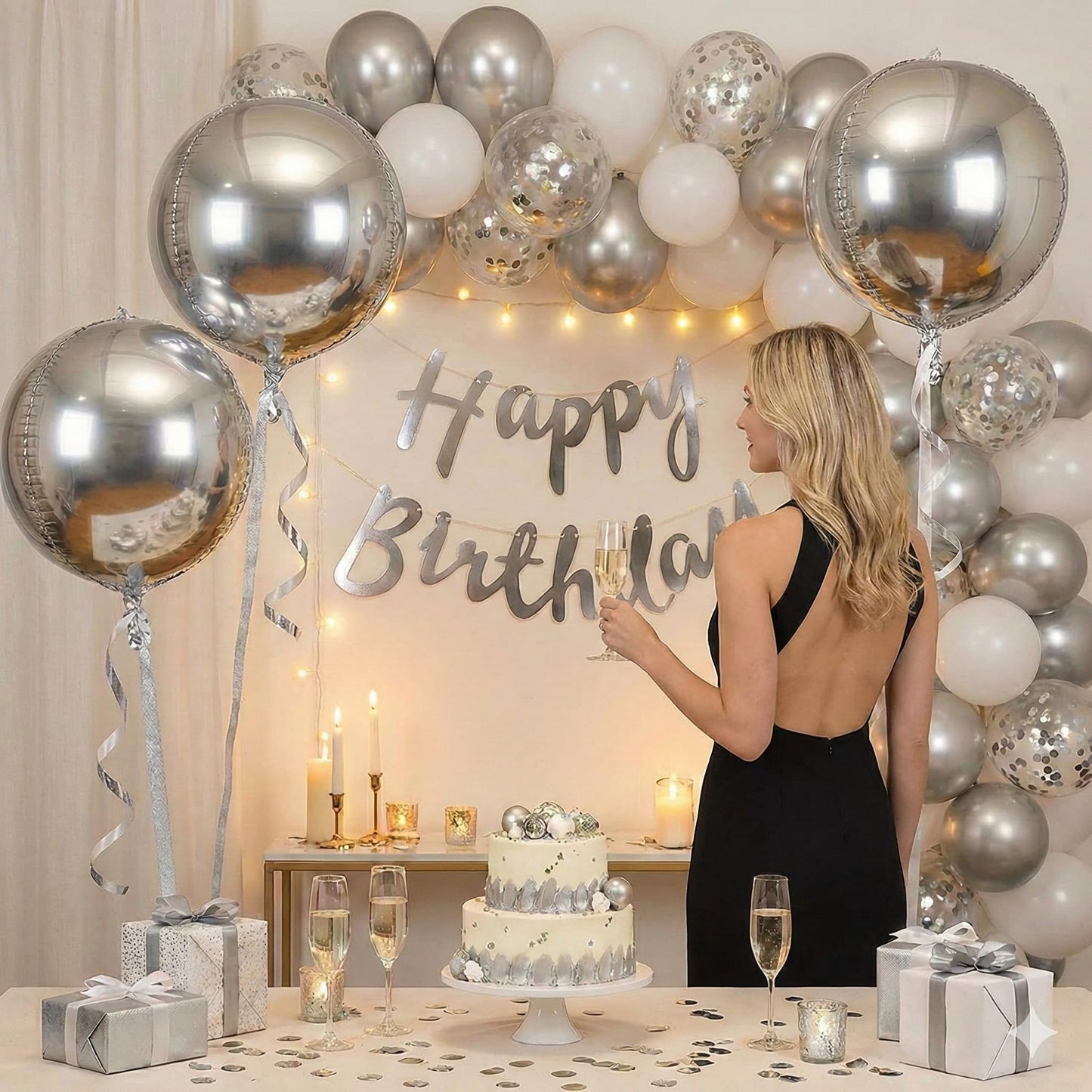 Metallic Silver Round Foil Balloons, 22" Large 4D Sphere Mylar