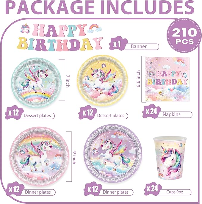 210pcs Unicorn Birthday Party Supplie Plates Napkins Unicorn Party