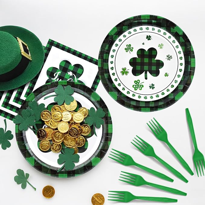 96 Pieces St Patrick's Day Tableware Set Green and Black Plaid
