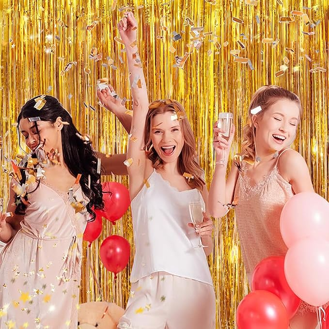 Gold Metallic Tinsel Foil Fringe Curtains, 2 Pack 3.3x8.3 Feet Party