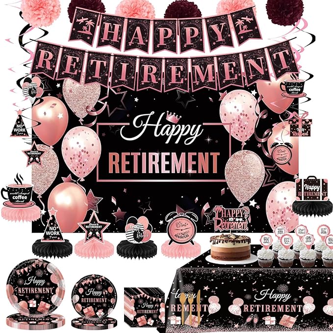 Retirement Party Decorations Rose Gold Retired Plates and Napkins