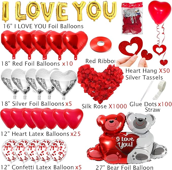 54pcs Heart Balloons I Love You Valentines Decoration with 50 Hang