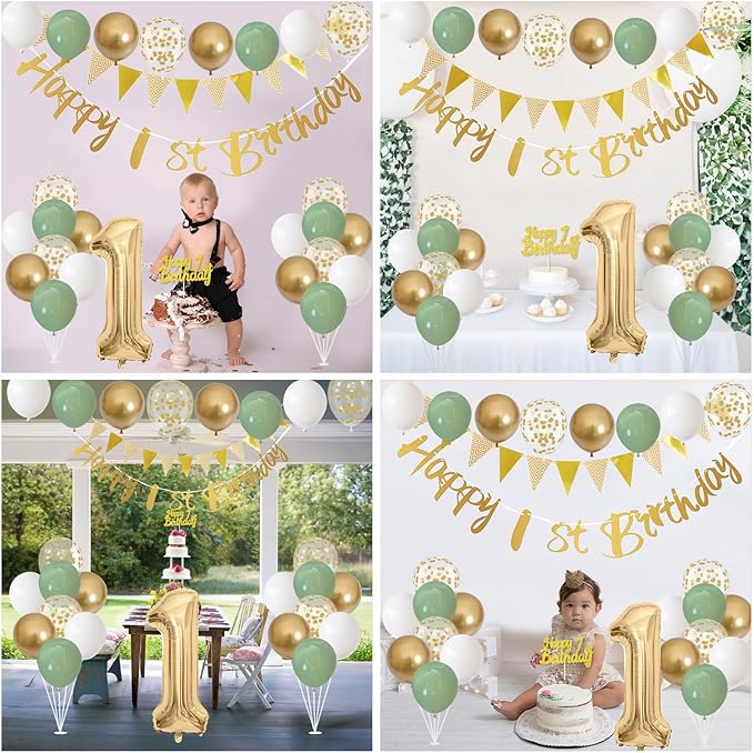 1st Birthday Decorations for Boys Girls Sage Green White Gold