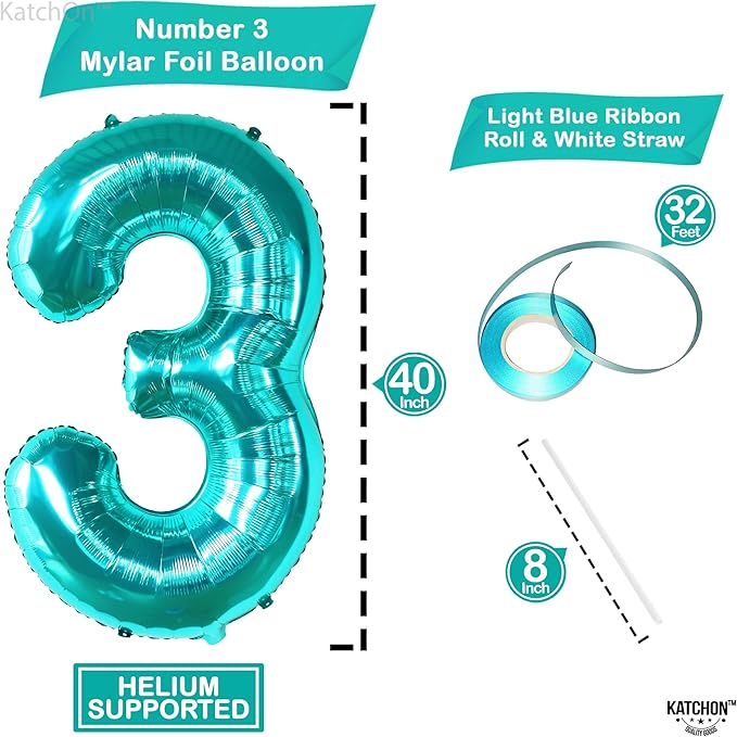 KatchOn, Teal Number 3 Balloon - Large, 40 Inch | Teal Blue 3 Balloon