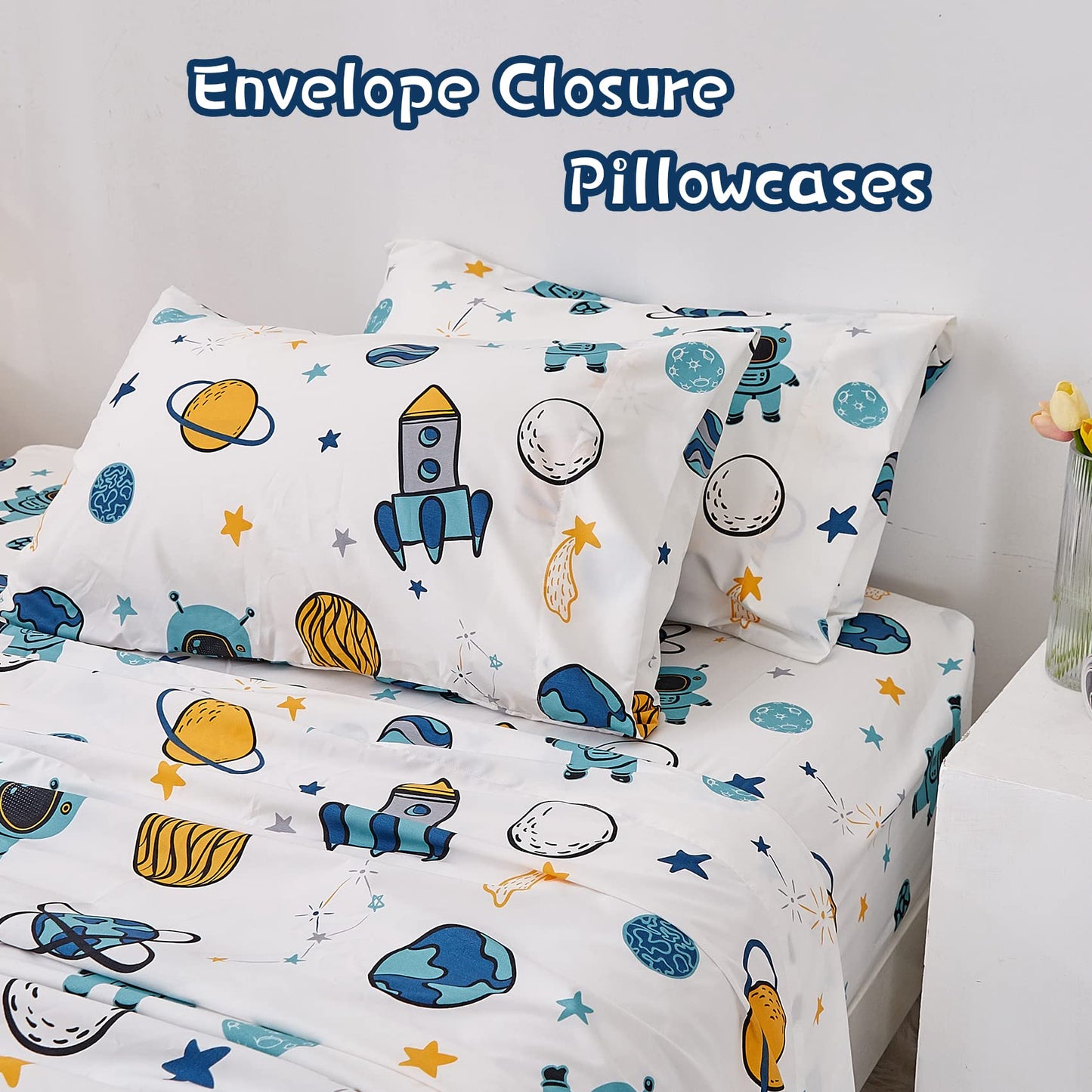 JSD Blue Astronaut Kids Sheet Set Twin Size, 3 Piece Space Rocket