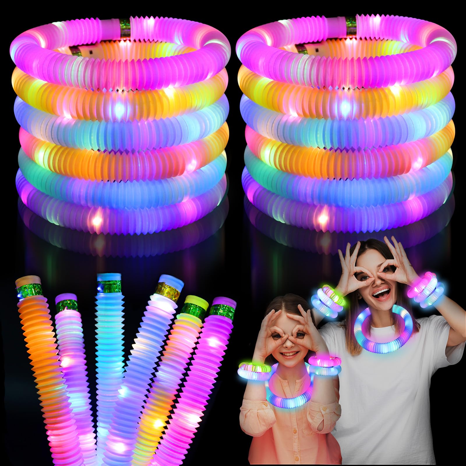 Light Up Glow Sticks Fidget Pop Tubes, 24 Pack Glow in The Dark Party