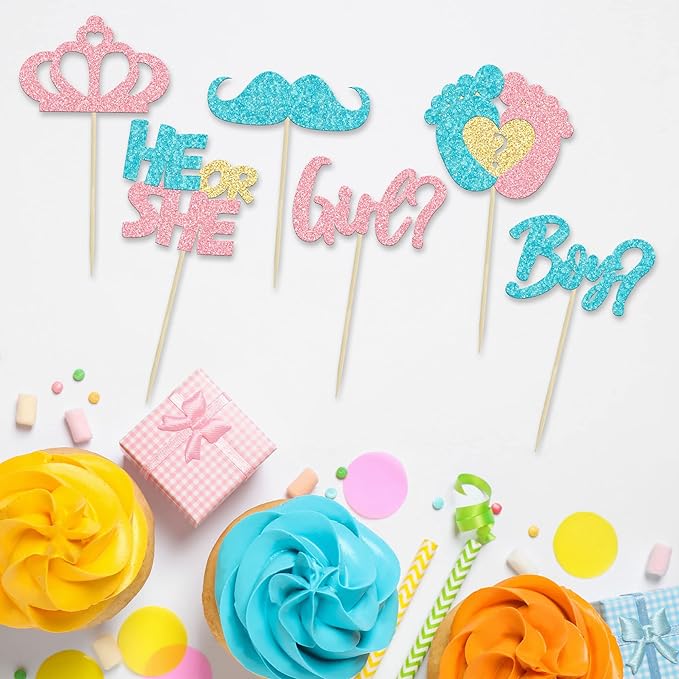 24Pcs Boy or Girl Cupcake Toppers Pink Blue Glitter Crown Moustache