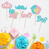 24Pcs Boy or Girl Cupcake Toppers Pink Blue Glitter Crown Moustache