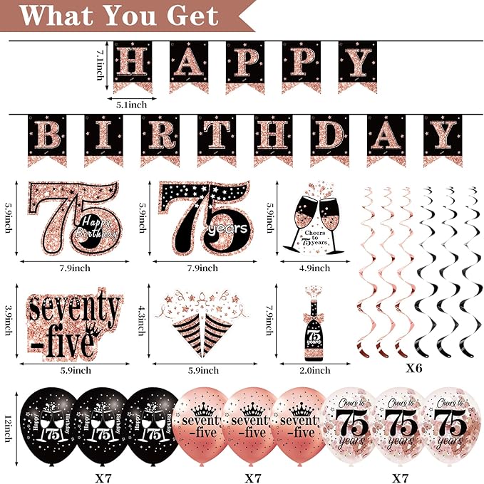 75th Birthday Decorations for Women 33pcs 75th Crown and Sash Black