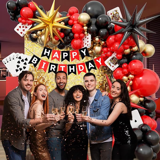 Casino Balloon Arch Garland Kit with Red Black and Gold Balloons