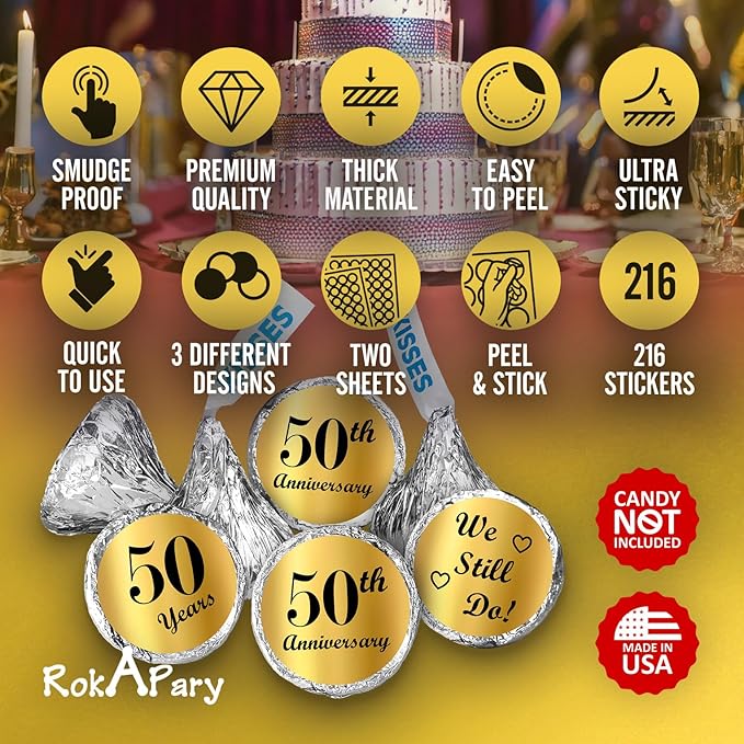 Gold Foil 50th Anniversary Kisses Stickers, (Set of 216) Chocolate