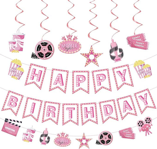 Pink Movie Night Party Decorations Kit 2pcs Popcorn Camera & Film