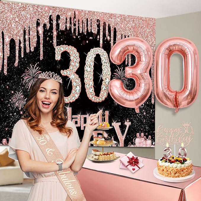30th Birthday Decorations for Her with Banner Rose Gold Tablecloth