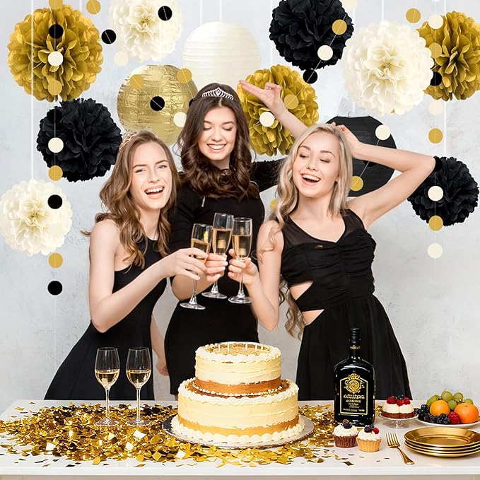 14PCS Black and Gold Party Decorations, Tissue Paper Pom Poms, Paper