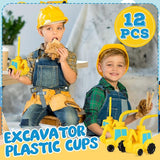 12 Set Excavator Truck Cups with Straws Tractor Birthday Party