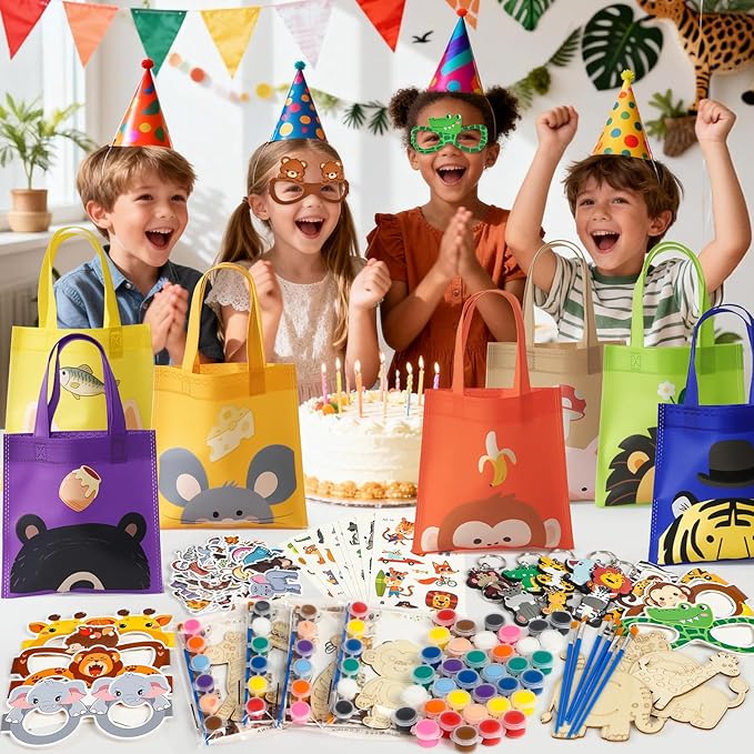 136Pcs Safari Party Favors Jungle Birthday Supplies for Kids Wooden