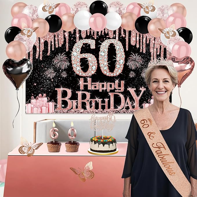 60th Birthday Decorations for Women 49pcs Black Rose Gold Black