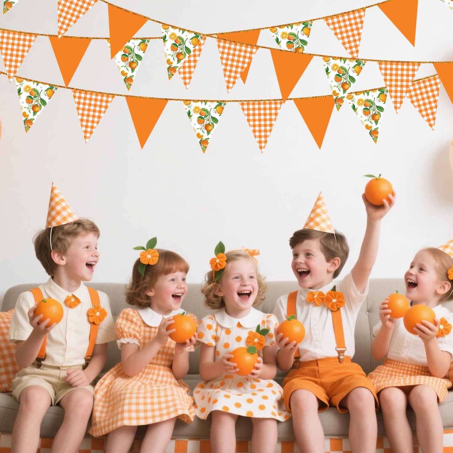 Citrus Orange Party Decorations Orange Plaid Floral Pennant Banner