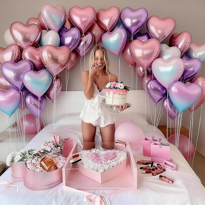 Pink Purple Iridescent Heart Balloons, 12 Pcs Light Pastel Pink