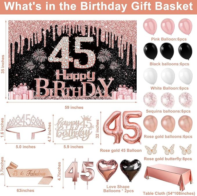 45th Birthday Decorations for Women 49pcs Black Rose Gold Black
