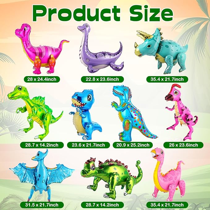 10 Pcs Giant Dinosaur Balloons 4d Dino Aluminum Foil Self Standing