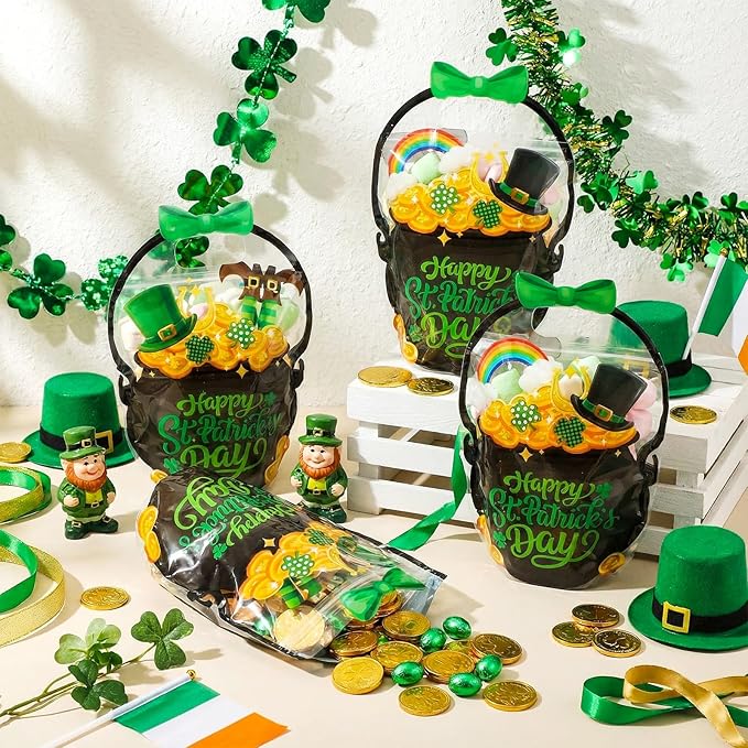 50 Pcs St Patrick's Day Gift Bags Black Cauldron Plastic