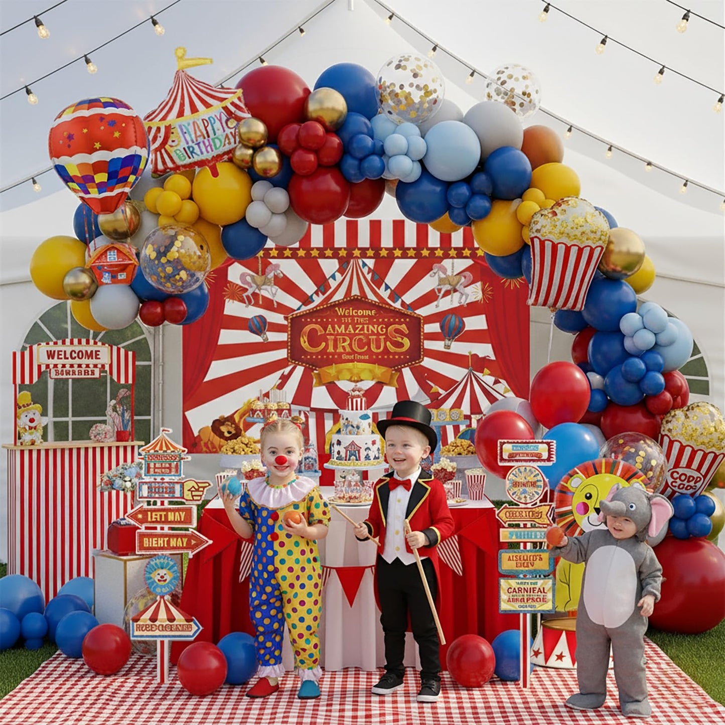 Circus Theme birthday party decorations & include red yellow blue