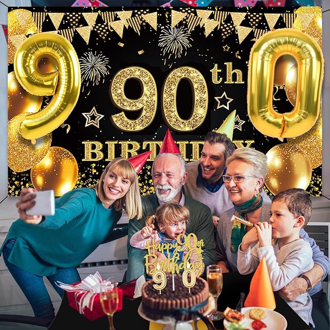 90th Birthday Decorations Men Women with 90th Birthday Banner Black