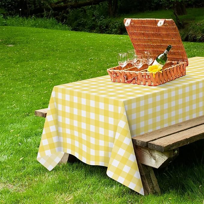 QIKSION Yellow Gingham Tablecloth Disposable 12 Pack, 54 x 108 Inch
