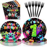 96 Pcs Monster 1st Birthday Party Supplies Little Monster Plates and